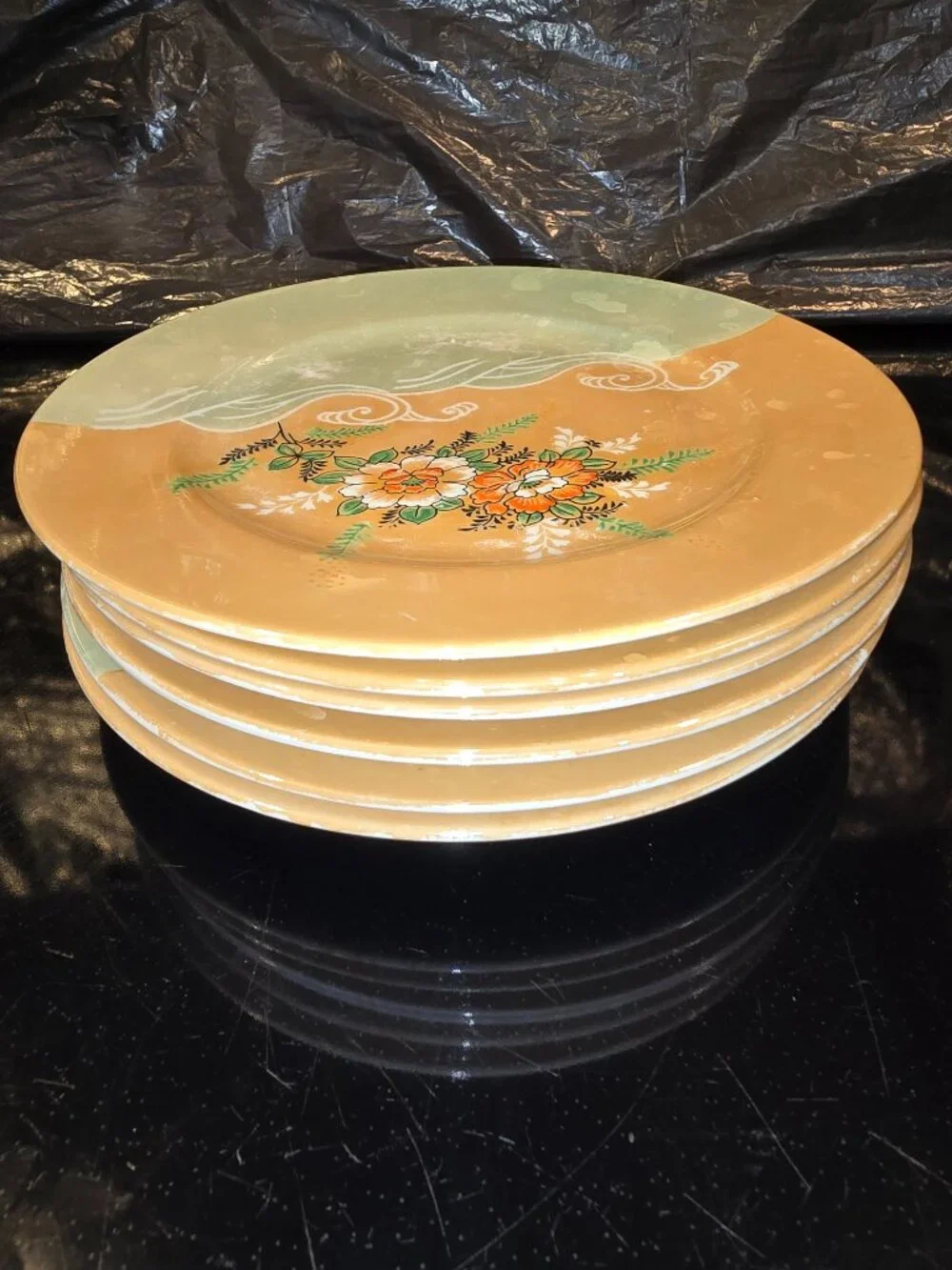 Japanese Lusterware Set of 6 Plates Hand painted Floral Peach Waves Blue 7.25